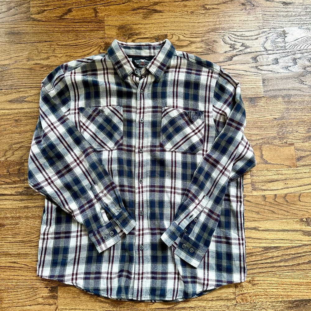 Harley-Davidson Black and Creme Plaid Shirt EUC